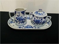 Delft blue creamer and sugar dishes with tray
