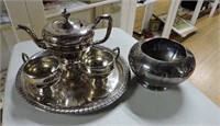 Silver Plate Tea Set & Vase