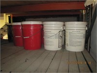 1 shelf of approx 15 buckets of misc roofing liqud
