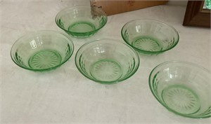5 small green Depression bowls