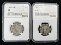 (2) 1927-D Standing Lib. 25c, NGC G-4 & 6, Silver