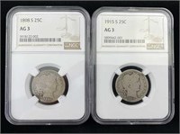 1898-S, 1915-S Barber 25c, NGC AG-3, U.S. Quarter