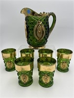 GREEN/GOLD NORTHWOOD PITCHER AND 5 TUMBLERS SET