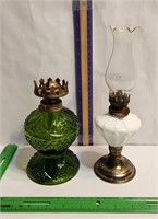 Green glass & milk glass kerosene lamps