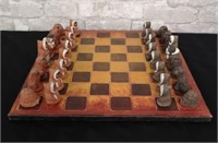 Leather top chess set w/ terracotta figures 1960