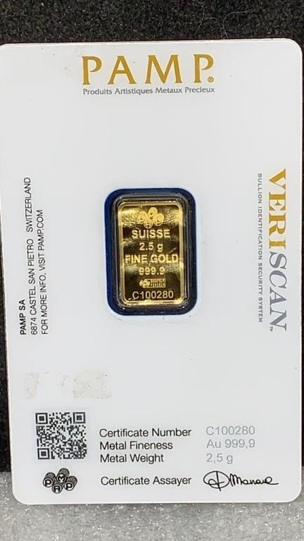 GOLD: Pamp Carded 2.5 Gram 999.9 Fine Gold Bar