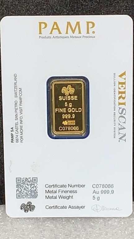 GOLD: Pamp Carded 5 Gram 999.9 Fine Gold Bar
