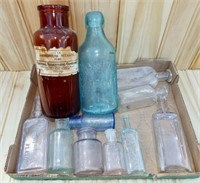 Box - antique bottles. Some nice colored