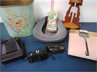 Vtg. Cameras, bathroom scale, trash can & shelf