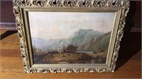Antique framed oil painting on canvas family, cows