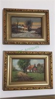 Two matching framed oil paintings, farm house in
