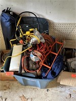 LARGE BIN OF GARAGE ITEMS EXTENSION CORDS ETC