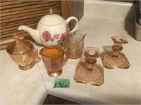 teapot, pink & gold depression glass