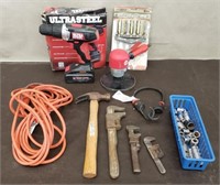 Box of Assorted Tools, Hammer, Ext Cord, Drill,