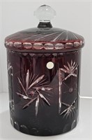 (O) Ruby Red Cut Glass Biscuit Jar 9.5" Made In