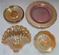 (P) Marigold Carnival Glass Plates, Saucers, And