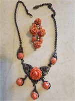 ORNAGE CORAL NECKLACE & BROOCH