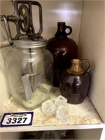 Antique Butter Churn, brown jugs and