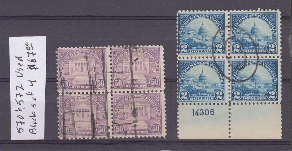 US Stamps #570 & 572 used blocks of 4, hard to fin
