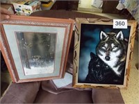 Wolves painted on velvet & framed - wolf matted &
