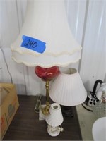 Cranberry glass lamp and 2 other lamps