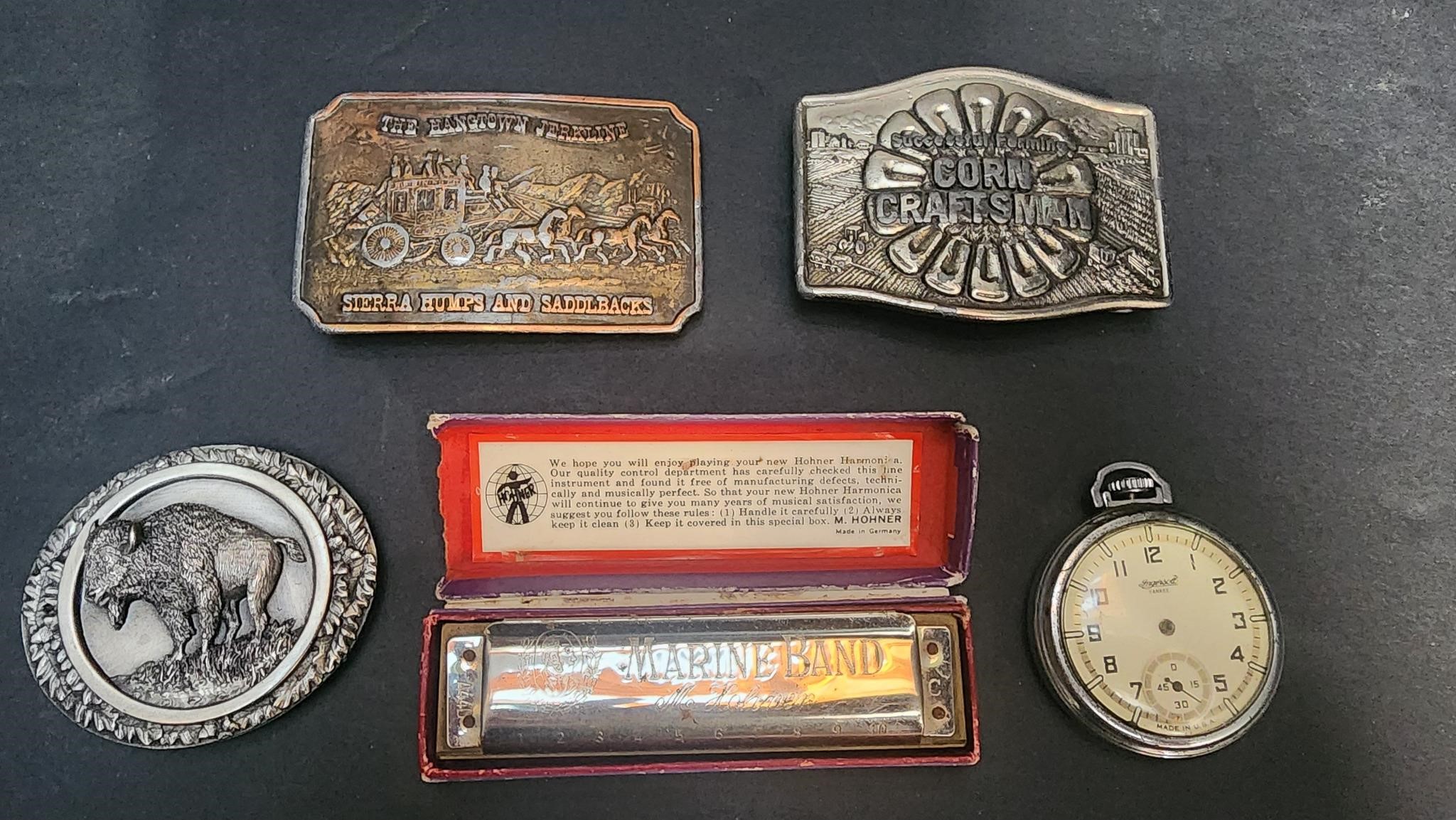 Belt Buckles, Stopwatch & Harmonica