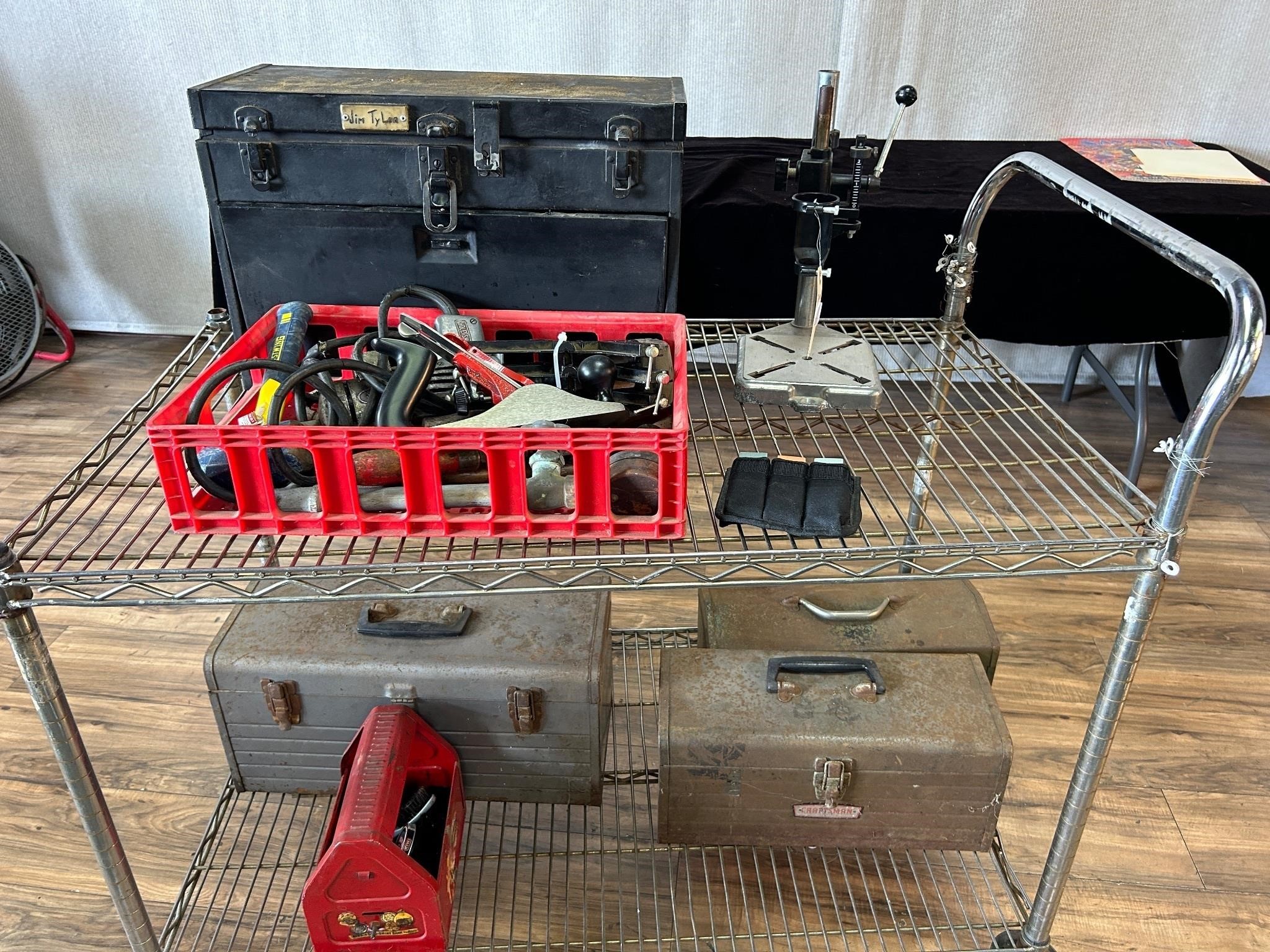 Hand Tools, Drill Press, Metal Tool Boxes etc