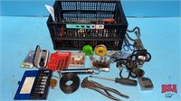 Plastic Crate of misc. Tools, wire, hacksaw Blades