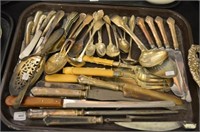 Tray of silver plate flatware and serving pieces