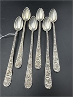 6 STERLING KIRK REPOUSSE ICE TEA SPOONS