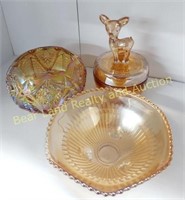 3pc Amber Gold Carnival Glass Candy Dishes