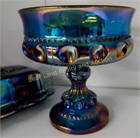 Blue/Green Carnival Glass Butter & Candy Dish