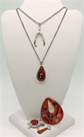 Red Glass Jewelry, 5 Pieces - Silver Tone