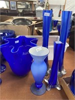 Box Lot of Blue Vases & Art Glass