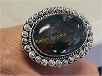 german silver & moss agate cabochon ring sz 9