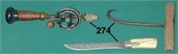 Lot: Hay hook; hand drill; and a kitchen knife &c.