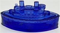 Vtg Cobalt Blue Glass Ship Butter Dish