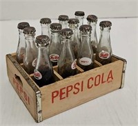 (12) Mini Pepsi Cola Glass Bottles & Wooden Crate