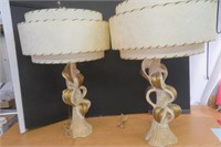 Pair vintage Chalk ware Lamps w fiberglass shades