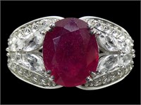 Sterling silver claw set oval cut ruby ring with