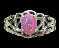 Sterling silver pink lab opal ring, size 6
