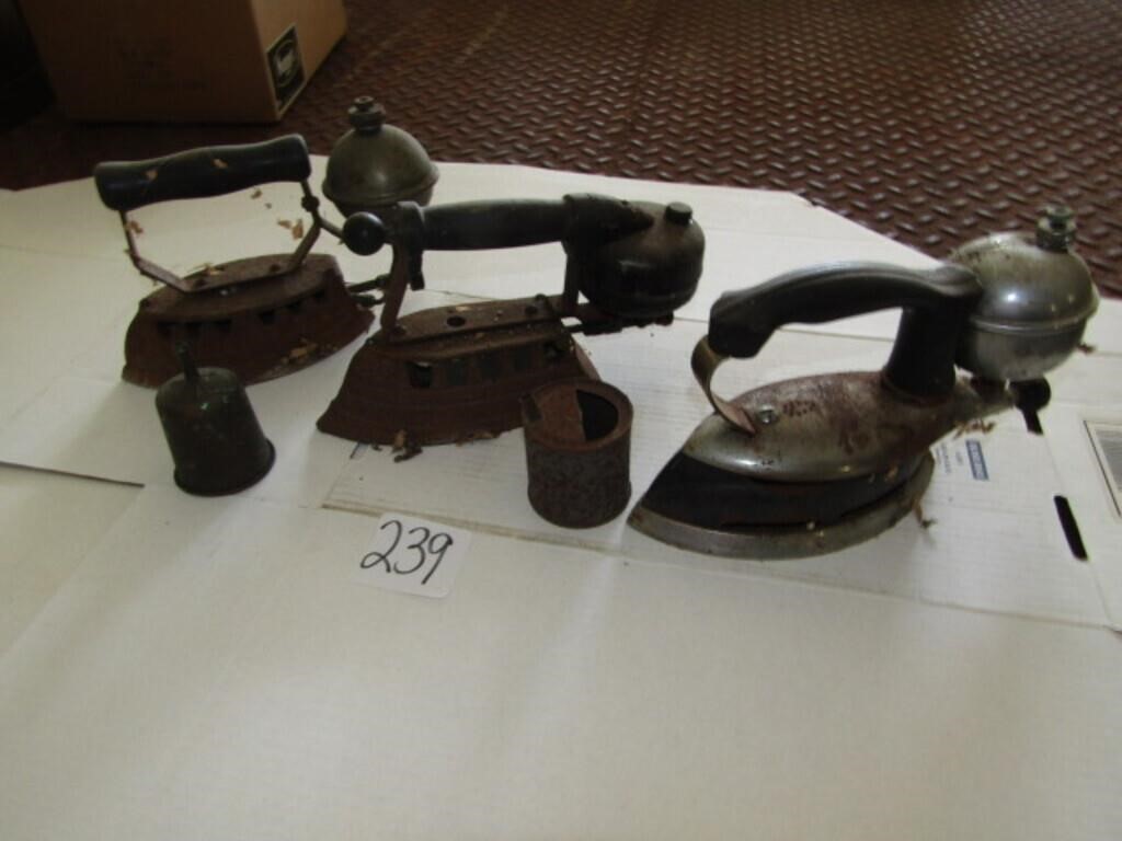 3 VINTAGE GAS IRONS, FUNNEL, CAN