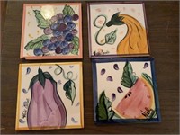 4 painted tile trivets, fruit and vegetable design