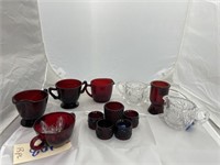 13 Pcs - Creamer/Sugar & 11 Ruby Glassware
