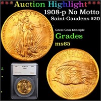1908-p Saint-Gaudens $20 Graded ms65