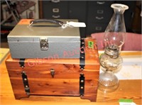Cedar Lined Box & Contents, Oil Lamp, Bond Box