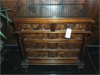 Carved wood 5 drawer dresser. 38x39x20. Missing