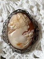 Antique Sterling Silver & Carved Shell Cameo