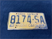 1962 NORTH CAROLINA LICENSE PLATE