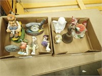 (2) Boxes w/ Golf Figurines, Clock, Brass Bell,